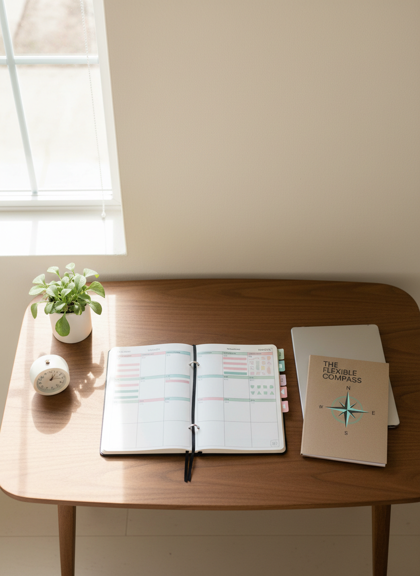A sturdy wooden desk with rounded edges set against a pale, uncluttered wall, captured in photographic realism. On the desk, a flexible planning system is laid out: an undated planner open to a weekly spread with colorful but muted highlighters, simple stickers, and movable, reusable tabs. Beside it, a spiral notebook titled “The Flexible Compass” sits partially under a slim tablet, its cover featuring a minimalist compass shape in soft teal and charcoal. Natural daylight from a side window casts even, gentle light, reducing visual overwhelm. A small plant and a simple analog timer sit off to one side. The composition is overhead, bird’s eye view, with clean lines and ample negative space, creating a calm, professional, and approachable mood that emphasizes adaptable planning over perfection.