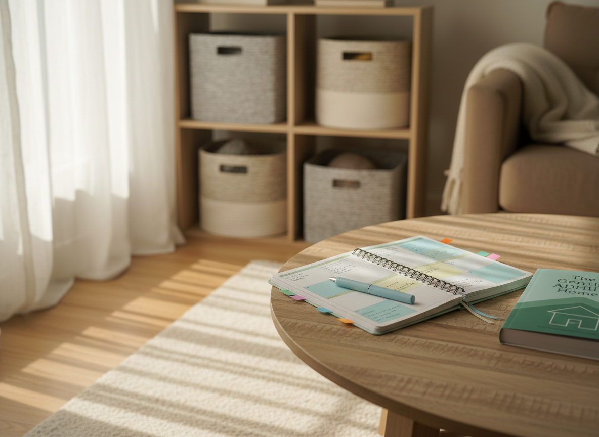 A bright, gently lived-in living room designed for an adult with ADHD, photographed in realistic detail. A low wooden coffee table holds an open planner with softly colored sections, sticky tabs, and a pen resting diagonally across the page. Nearby, a subtle, modern copy of the book “The Gentle ADHD Home” lies face up, its cover in soothing blues and greens with an abstract home icon. Soft afternoon light filters through sheer curtains, creating calm, diffused illumination and mild shadows. Storage baskets under an open shelf reveal loosely organized items, not perfectly tidy but functional. Shot at eye level using the rule of thirds, with a shallow depth of field that keeps the planner and book in focus while the background blurs into warm, welcoming tones, conveying a shame-free, realistic atmosphere.